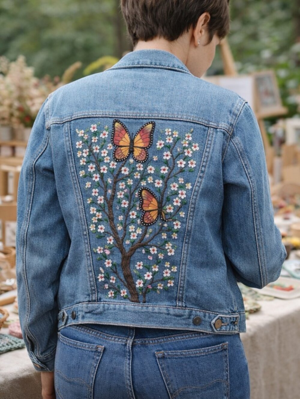 Hand Painted Blue Denim Jacket Butterfly & Blossom Panel Trucker